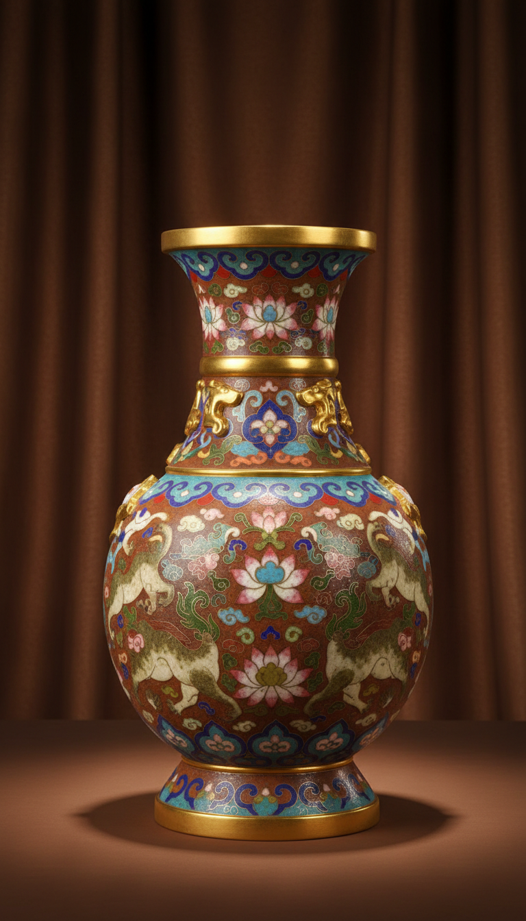 Qing dynasty cloisonné vase with gold trim