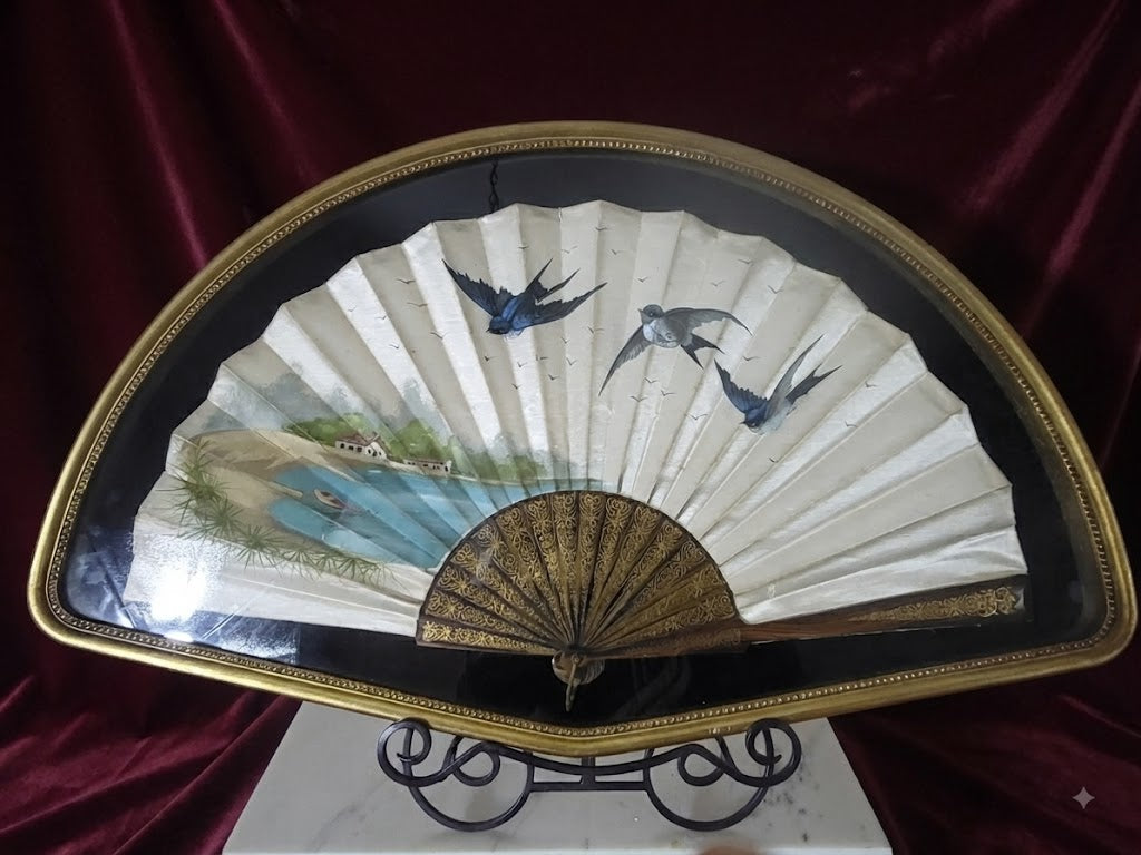 Vintage Framed Jinpra Swallow Hand Fan in Gilded Semi-Oval Shadow Box