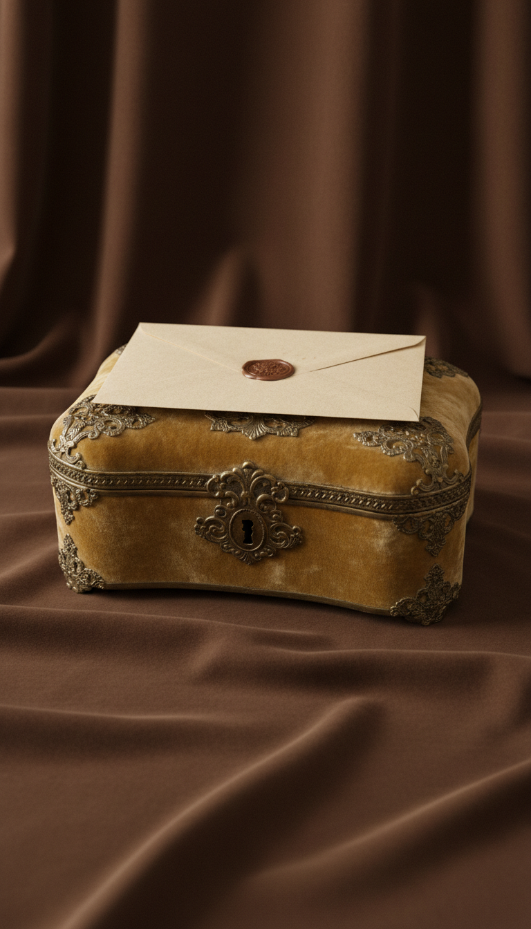 Victorian velvet jewelry casket with certificate envelope