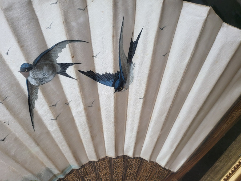 Vintage Framed Jinpra Swallow Hand Fan in Gilded Semi-Oval Shadow Box