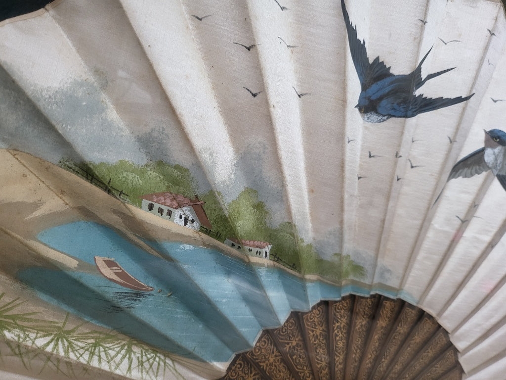 Vintage Framed Jinpra Swallow Hand Fan in Gilded Semi-Oval Shadow Box