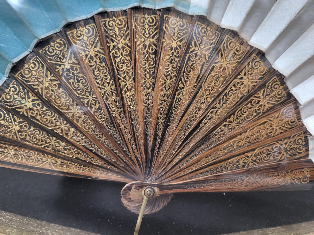 Vintage Framed Jinpra Swallow Hand Fan in Gilded Semi-Oval Shadow Box